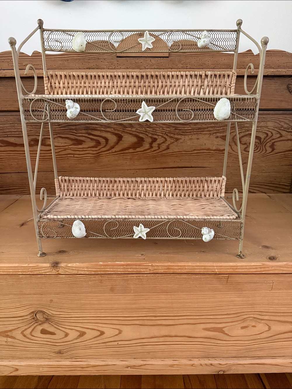 Wall Shelf with Metal, Wire, Wicker & Coastal Detail - Hangs or Stands Alone